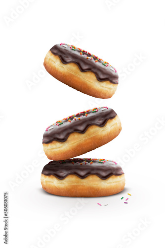 Classic freshly baked Chocolate donut with colorful sprinkles on top isolated on white background