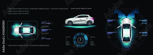 Car user interface with three projections electric vehicle with HUD elements. Concept futuristic car with parameters on the HUD digital panel. Tuning the car control system. City smart car