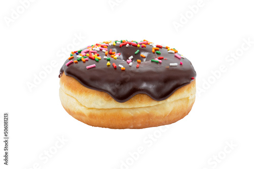 Classic freshly baked Chocolate donut with colorful sprinkles on top isolated on white background