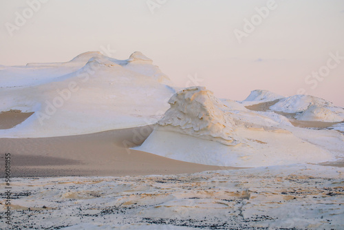 Evening View to the Sand Formations of the White Desert Protected Area, National Park in the Farafra Oasis, Egypt photo