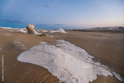 Evening View to the Sand Formations of the White Desert Protected Area, National Park in the Farafra Oasis, Egypt photo