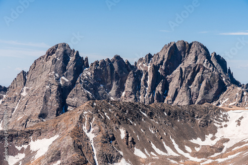 View of the Crestones, Crestone Needle and Crestone Peak, from the summit of Colony Baldy.  Sangre de Cristo Range, Colorado Rocky Mountains.  