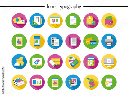 Flat vector set of colorful icons for printing, typography and printing.