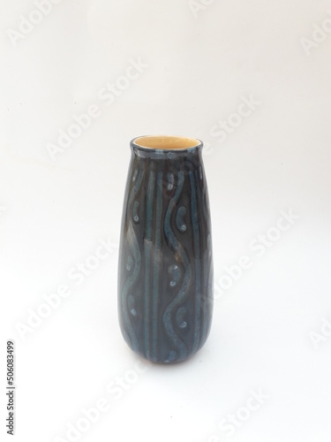 Mid-century modern pottery - black vase with blue stripes