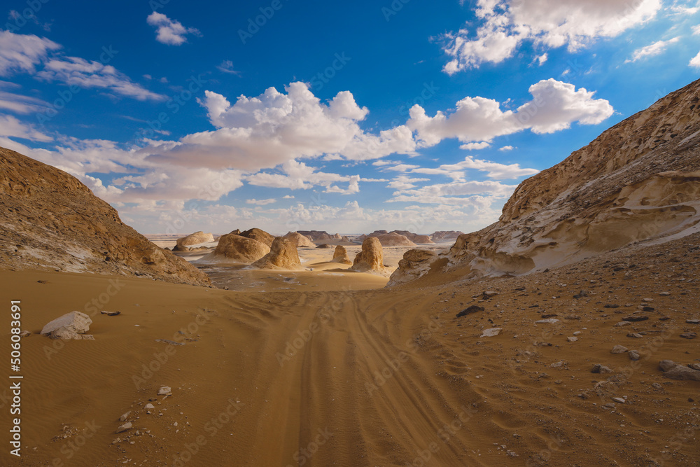 Fototapeta premium Panoramic View to the Sandy Formations in the White Desert Protected Area, National Park in the Farafra Oasis, Egypt