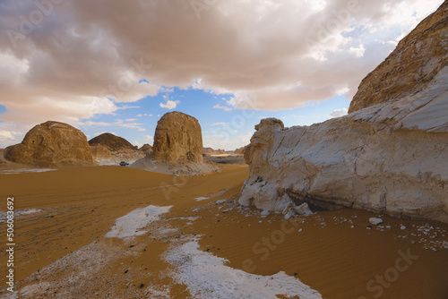 Panoramic View to the Sandy Formations in the White Desert Protected Area, National Park in the Farafra Oasis, Egypt photo