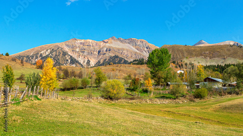 autumn trees in a house and large mountain landscape in the back
