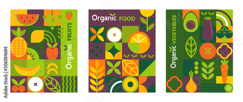 Set organic food flyers,banners. Natural fruits and vegetables in simple geometric shapes,geometry minimalistic style.For web poster,products presentation,templates,cover design.Vector illustration. photo