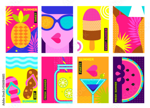 Summer party poster design template with summertime symbols.Background for summer themes,vacation,weekend,beach.Perfect background for posters,cover art,flyer,banner,web.Vector illustration.