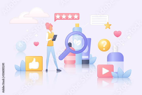 Evaluation and customers review. Tiny client with magnifying glass rating cosmetics product to give stars, appraisal video report and analysis flat vector illustration. Online marketing concept
