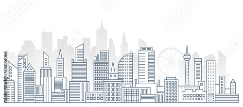 Panorama urban modern city landscape with high skyscrapers, thin line flate city landscape vector illustration