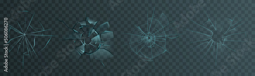 Bullet broken crack glass hole, cracked crushed realistic glass set transperant alpha background set vector illustration
