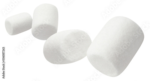 Flying marshmallows, isolated on white background