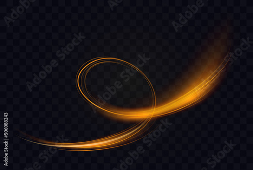 Golden luminous swirl shape, abstract light effect vector illustration. Luxury sparkling trail shiny magic swirling gold spirals, speed motion on transparent black background