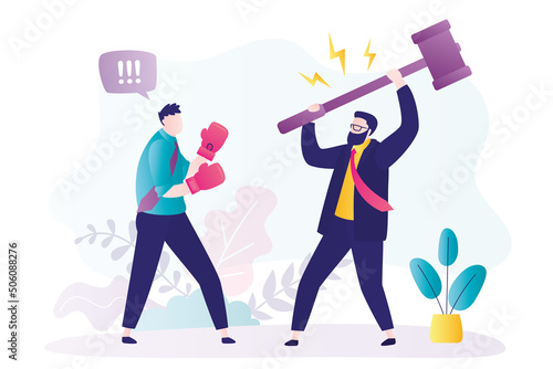 Businessman with hammer swinging at enemy. Entrepreneur in boxing gloves ready for fight