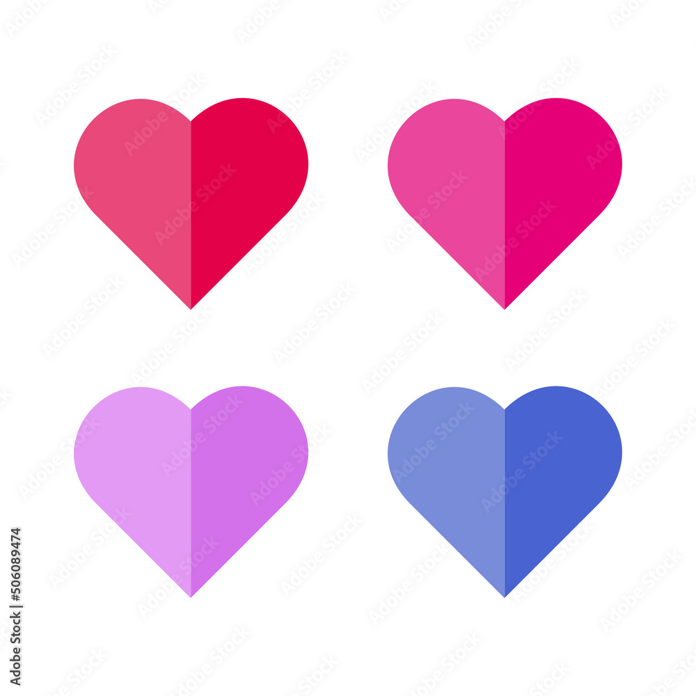 Different vector Shape of hearts. Pink heart. Red heart. Blue heart. Purple heart. Set of hearts. 