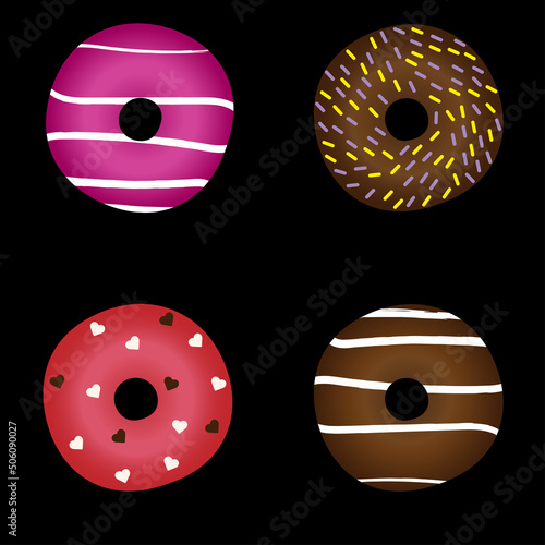 A set of delicious and bright bagels on a black background.
