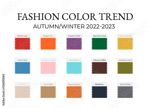 Fashion Color Trend Autumn - Winter 2022 - 2023. Trendy colors palette guide. Fabric swatches with color names. Vector template for your creative designs