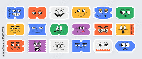 Cool comic sticker figures. Set of sale price tags shapes with smiling faces. Collection of different 50s style cartoon emotions with big eyes. Vector illustration