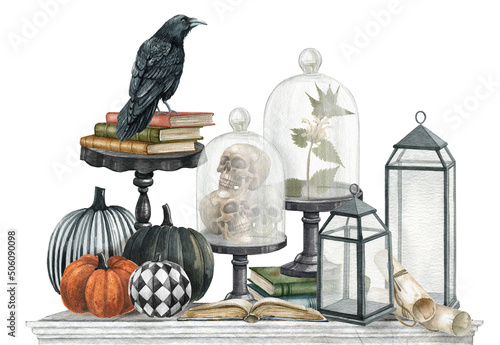 Watercolor Halloween decor with skull, pumpkins, lanterns,books, and black rawen. Realistic illustration, gothic  home design, witch craft photo