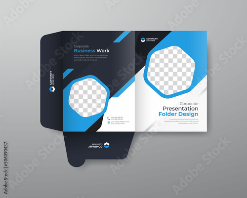 Business folder for files, presentation folder blue & black color design. the  layout is for posting Information about the comapany, corporate folder, text, modern, Creative.