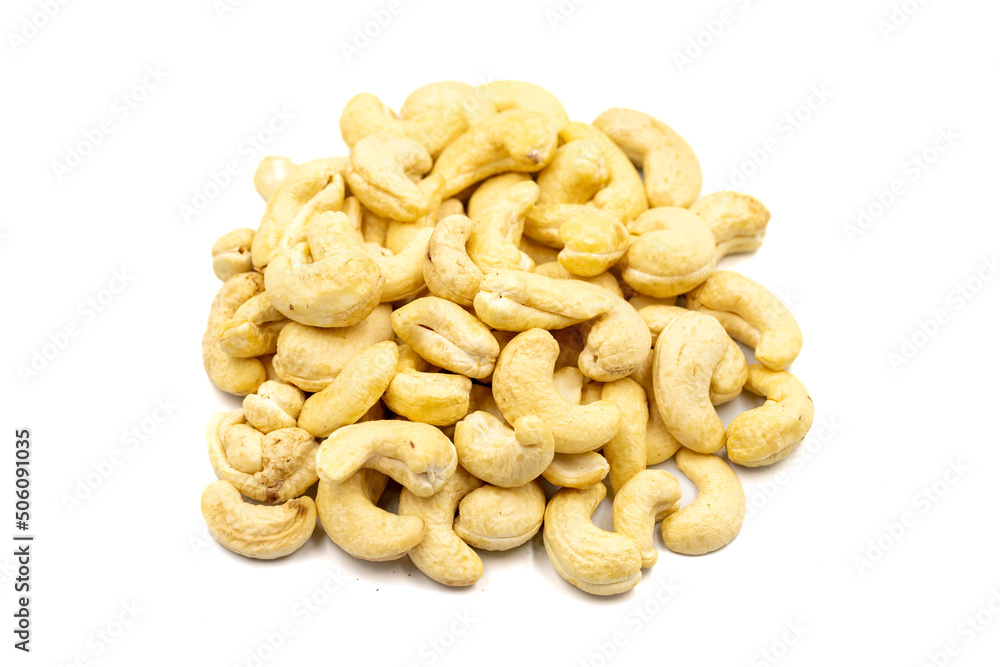 Cashew nuts isolated on white background. Organic nuts. close up Cashew nuts isolated on white background. Organic nuts. close up