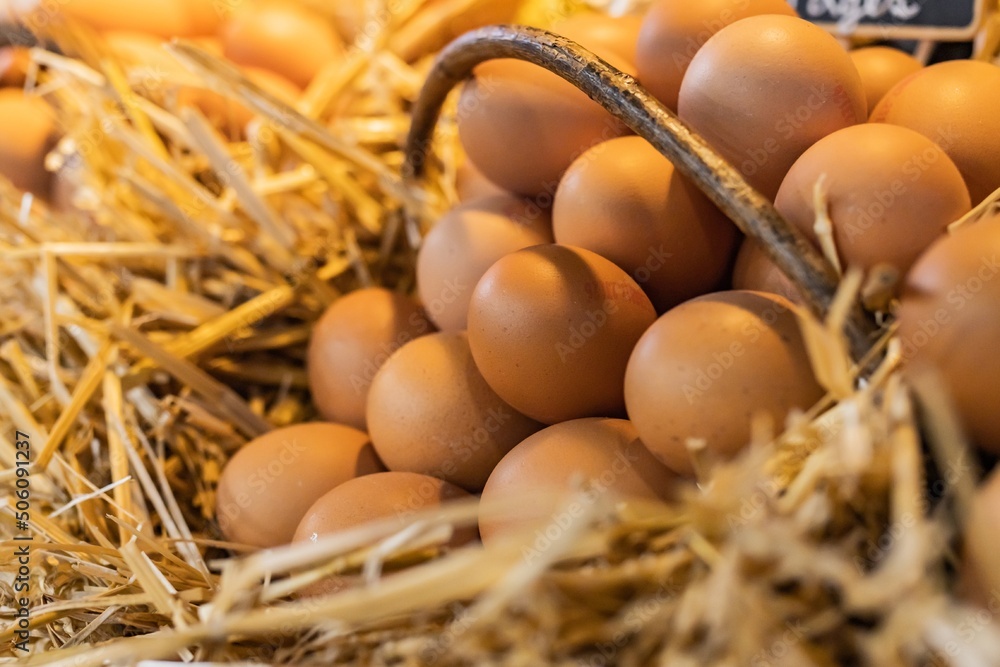 Farm fresh eggs at the Boqueria market in Barcelona (Spain), selective focus on the center of the image. Farm fresh eggs at the Boqueria market in Barcelona (Spain), selective focus on the center of the image.