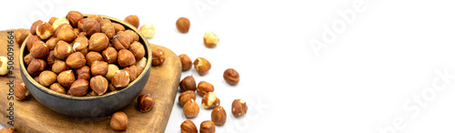 Hazelnut nuts isolated on white background. Organic nuts. Copy space. Space for text. close up