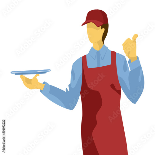 Vector illustration of isolated young waiter holding silver and demonstrating sign OK
