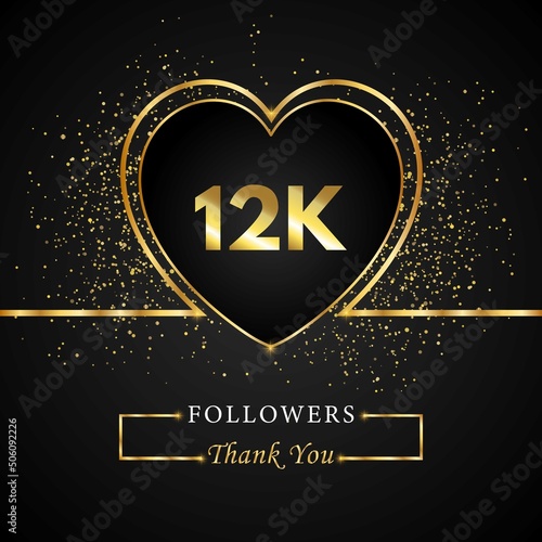 Thank you 12K or 12 thousand followers with heart and gold glitter isolated on black background. Greeting card template for social networks friends, and followers. Thank you, followers, achievement.