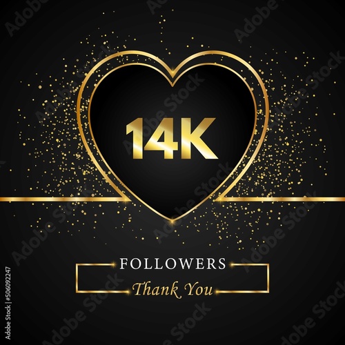 Thank you 14K or 14 thousand followers with heart and gold glitter isolated on black background. Greeting card template for social networks friends, and followers. Thank you, followers, achievement.