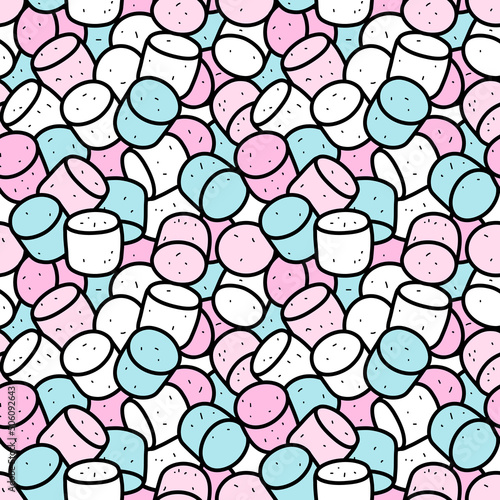Many pastel pink, blue, white marshmallows, seamless background. Cute food illustration. Sweet snack pattern. Surface, textile, graphic design. Candy shop, cafe, confectionery, dessert brand print