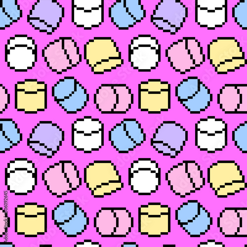 Many pixel art marshmallows on pink background. Sweet snack seamless pattern. Old school vintage retro 80's-90's 8 bit slot machine, computer, video game graphics. 8 bit print for candy shop.