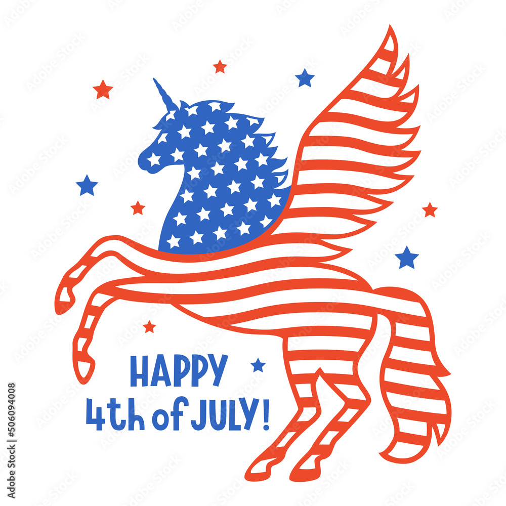 Patriotic unicorn silhouette with flag of the USA. Happy 4th of july card. Independence day. American vector illustration for prints on t-shirts, bags. Isolated on a white background. - obrazy, fototapety, plakaty 