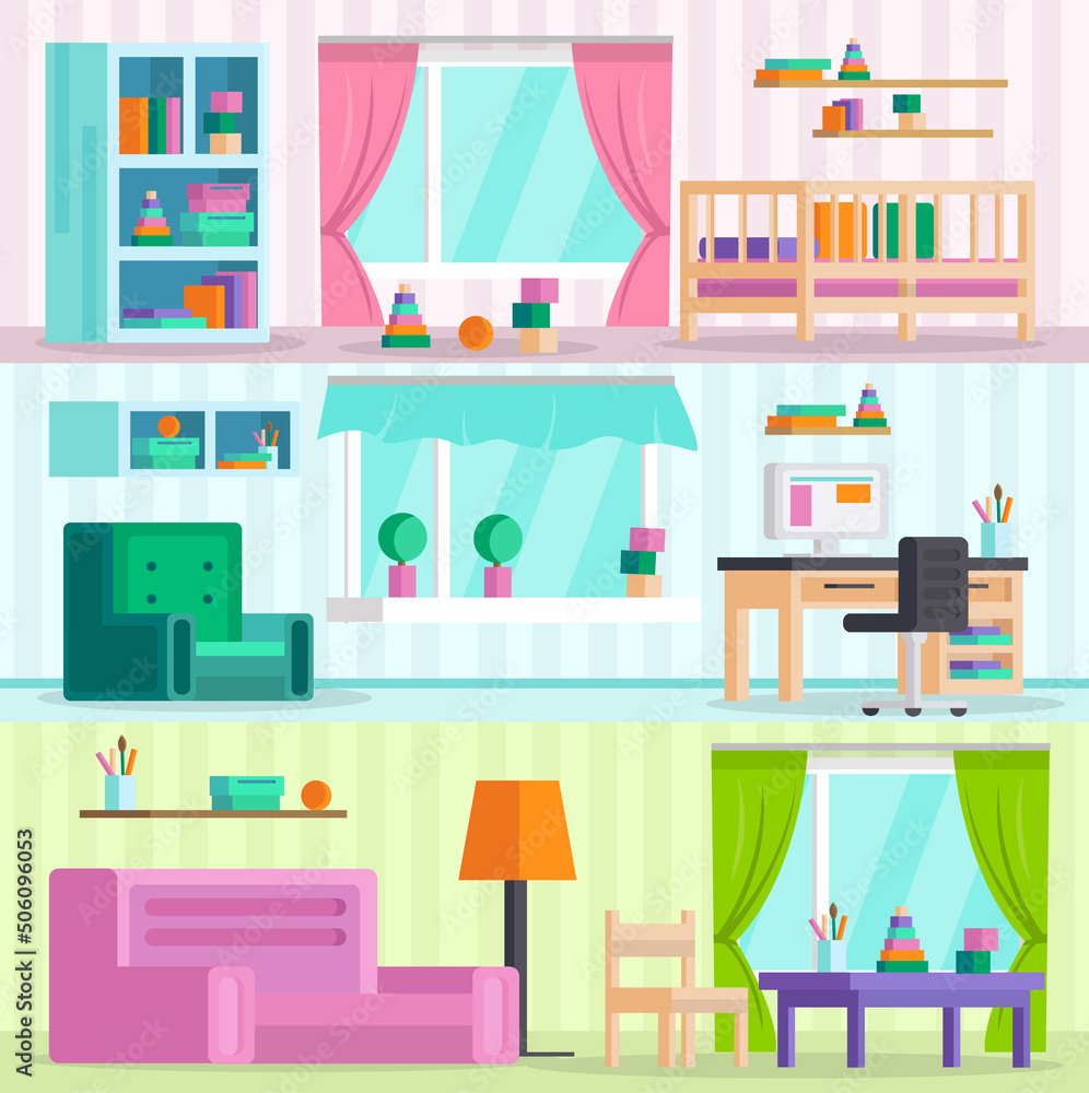 Fototapeta premium Big set of detailed interior. Children's playroom. Gather the children's room! In today's orthogonal design. Vector illustration.