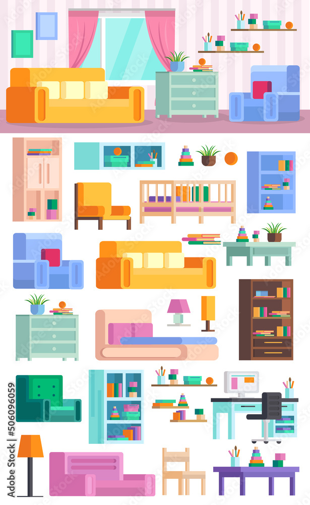 Big set of detailed interior. Children's playroom. Gather the children's room! In today's orthogonal design. Vector illustration. Big set of detailed interior. Children's playroom. Gather the children's room! In today's orthogonal design. Vector illustration.