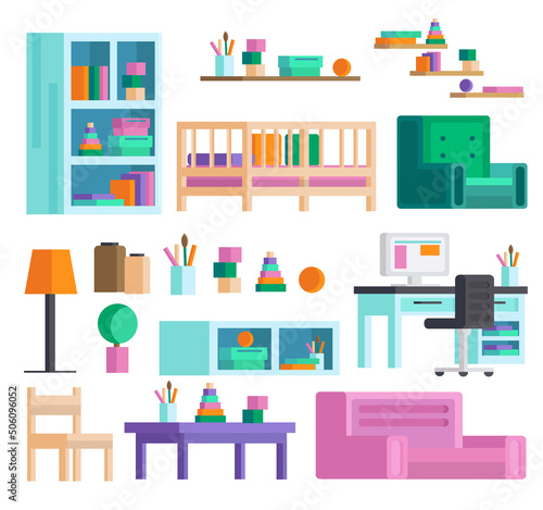 Big set of detailed interior. Children's playroom. Gather the children's room! In today's orthogonal design. Vector illustration.