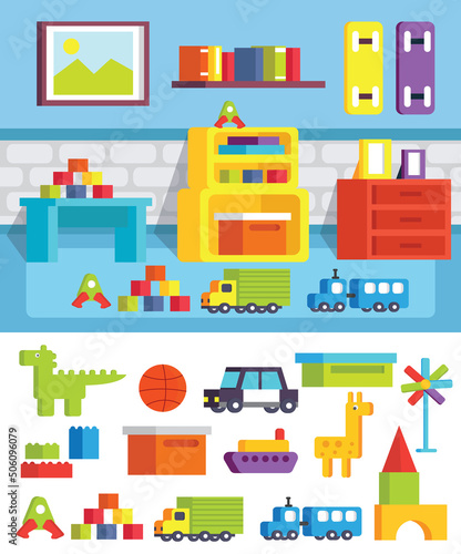 Big set of detailed interior. Children's playroom. Gather the children's room! In today's orthogonal design. Vector illustration.