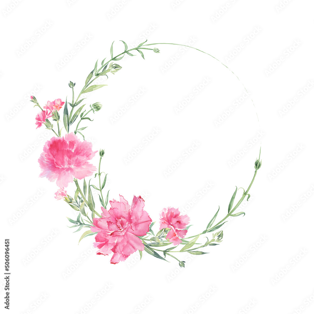Round frame garden flowers. Pink carnations frame.