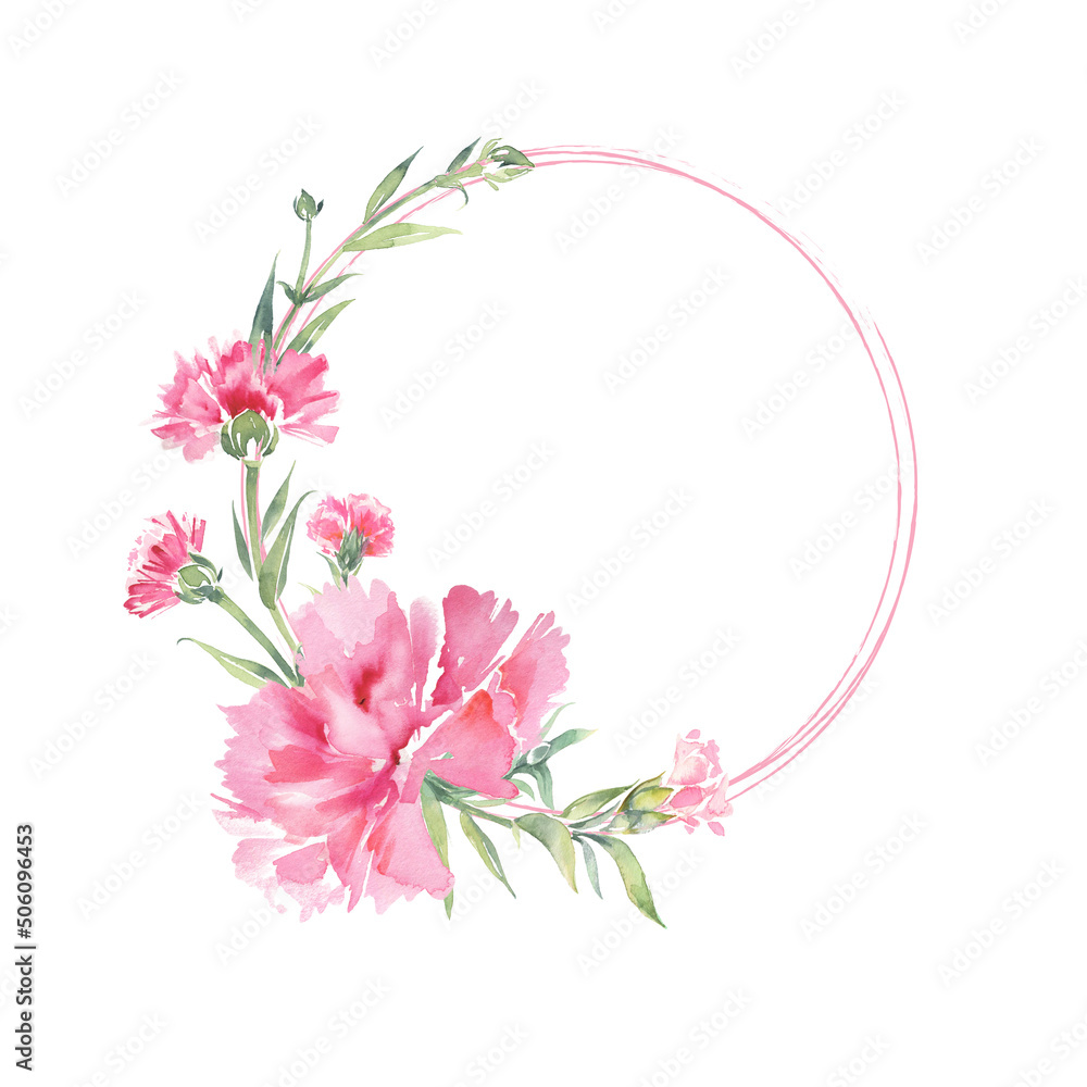 Cute frame with pink flowers. Carnations frame.