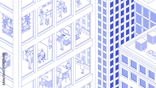 View of the office building and the city. Isometric cityscape, city view, city skyline. Vector illustration in flat design. Outlined, linear style, line art, editable stroke. People at work. Business.