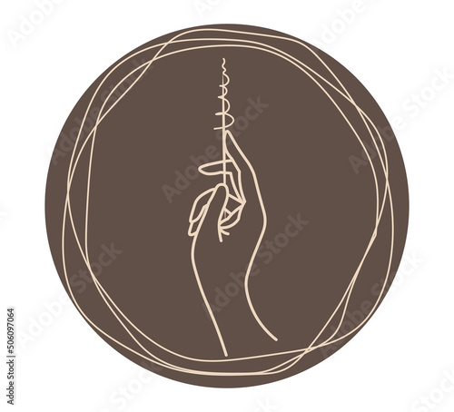 Logo for eyebrow master, make-up artist. Brush in hand on the background of a brown circle. Vector illustration