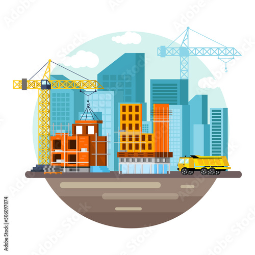 Set of icons of unfinished houses, and skyscrapers. A city with streets. Construction of buildings from glass and concrete. In a modern orthogonal style. Vector illustration.