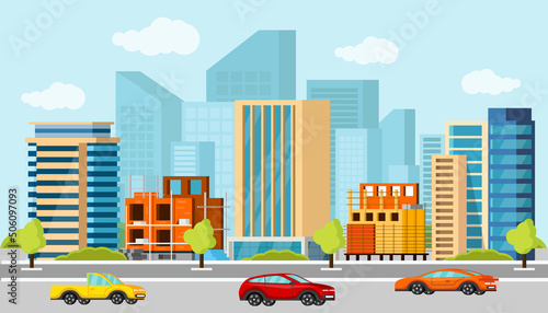 Street with a set of colorful houses and cars. A city with streets and roads and traffic. City life. In a modern orthogonal style. Vector illustration