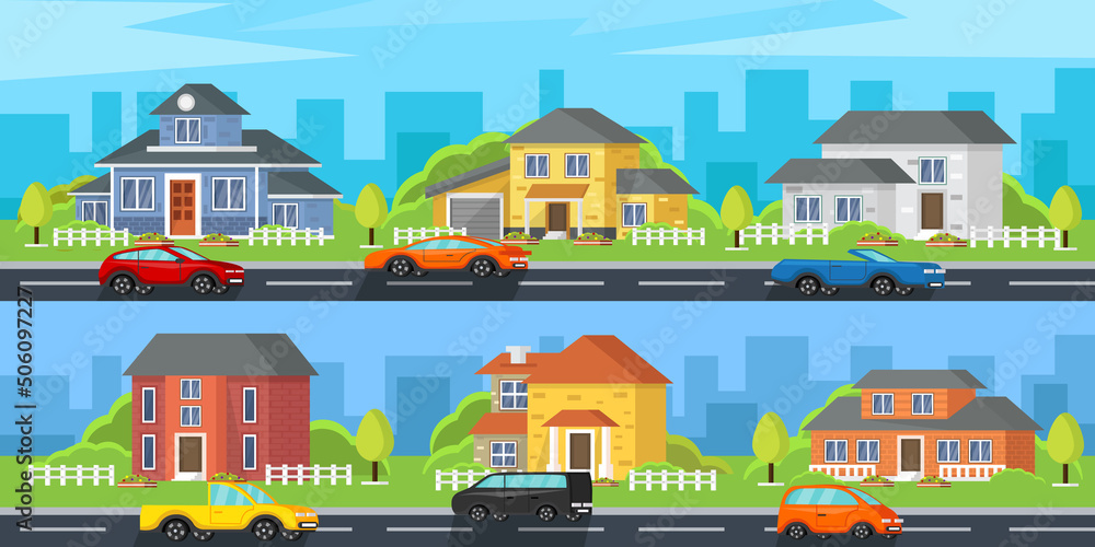 Street with a set of colorful houses and cars. A city with streets and ...