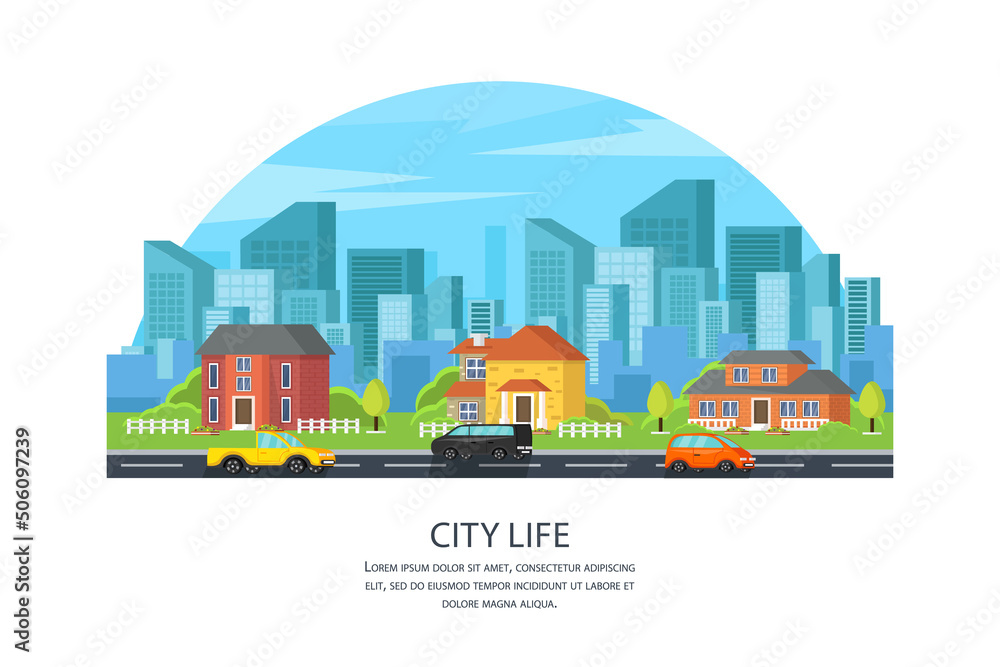 A modern city with skyscrapers. Urban buildings near the road, street landscape. Street with modern buildings. Private houses with their own garden. Vector illustration
