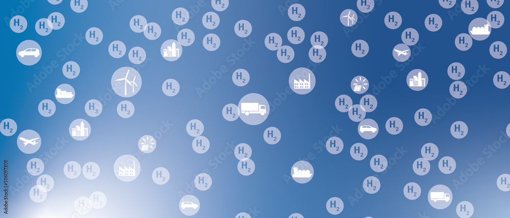 Wasserstoffblasen und Symbole für Produktion, Mobilität und Wohnen