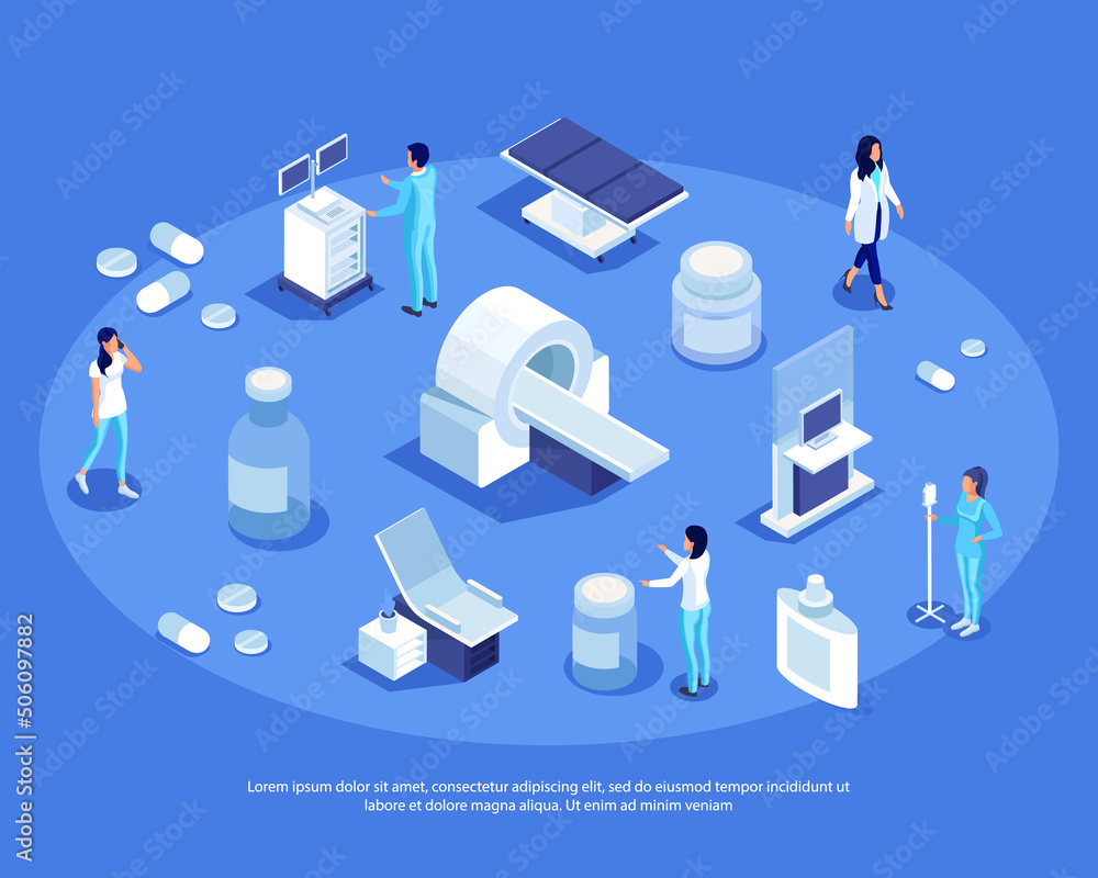 Fototapeta premium Isometric set of medical equipment, medicines, doctors. A set of 3D characters in a medical uniform. Medical technology for the doctor's office. Vector illustration.