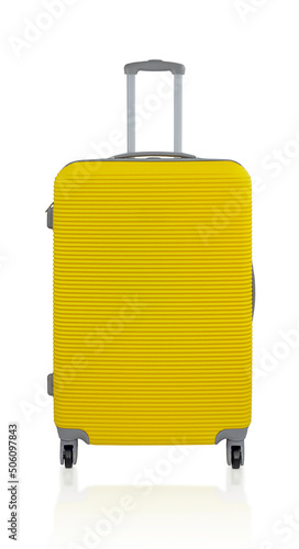 Modern yellow suitcase isolated on white. Travel baggage and tourism concept.