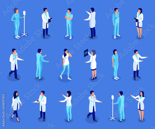 a large set of isometric characters, people in medical clothing, a doctor, a nurse, a nurse, a paramedic. 3d set of people medetsinskoy profession. Vector illustration.